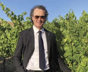 Liam Mac Cana, owner of Elegant Wine Tours, standing in front of vineyard in suit, tie and sunglasses