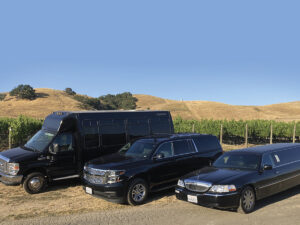 van, limo and large gar in front of vineyard with blue sky