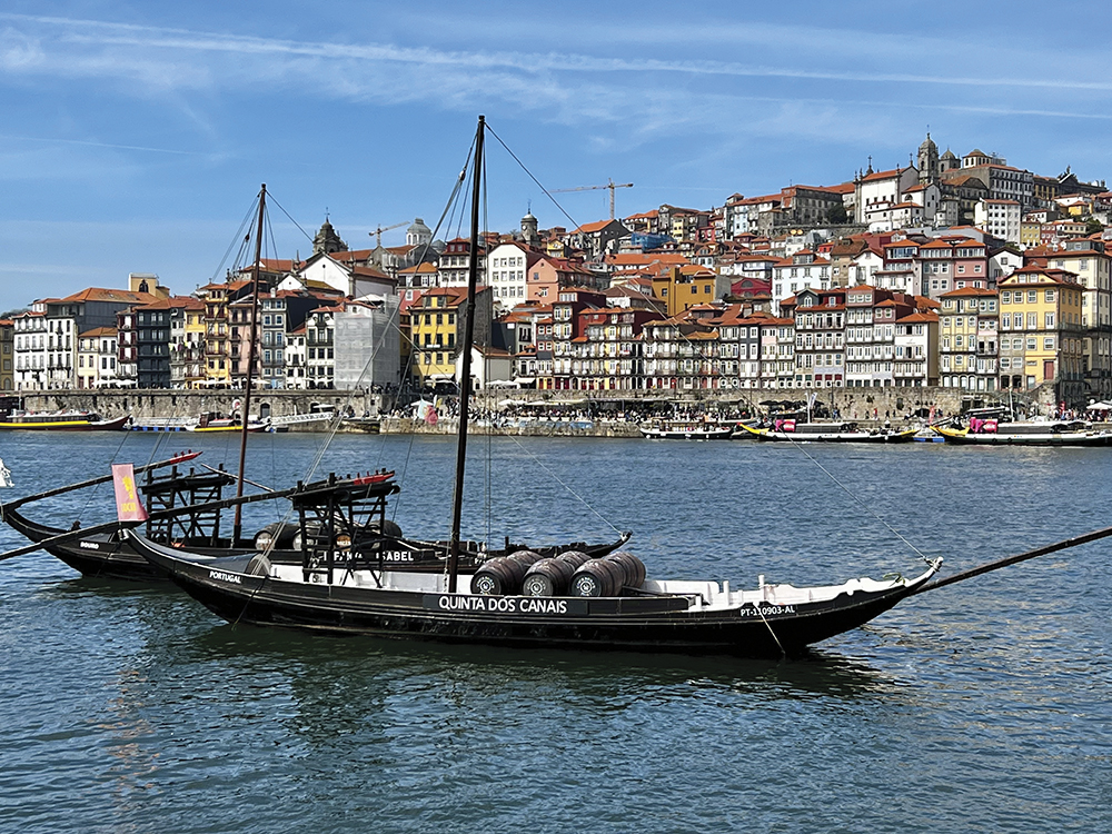 boat on on the River Douro with houses on shoreline behing
