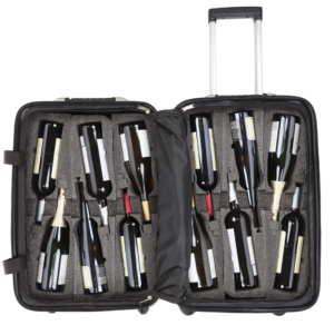 open travel wine suitcase with wine inside