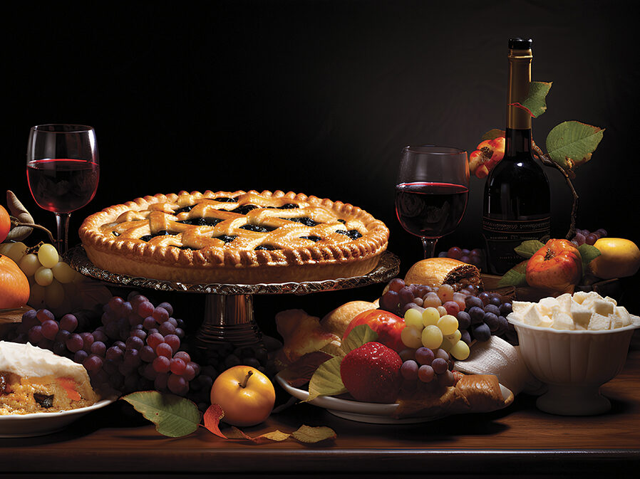 tablescape with apples, grapes, pies, dessers and glasses of red wine
