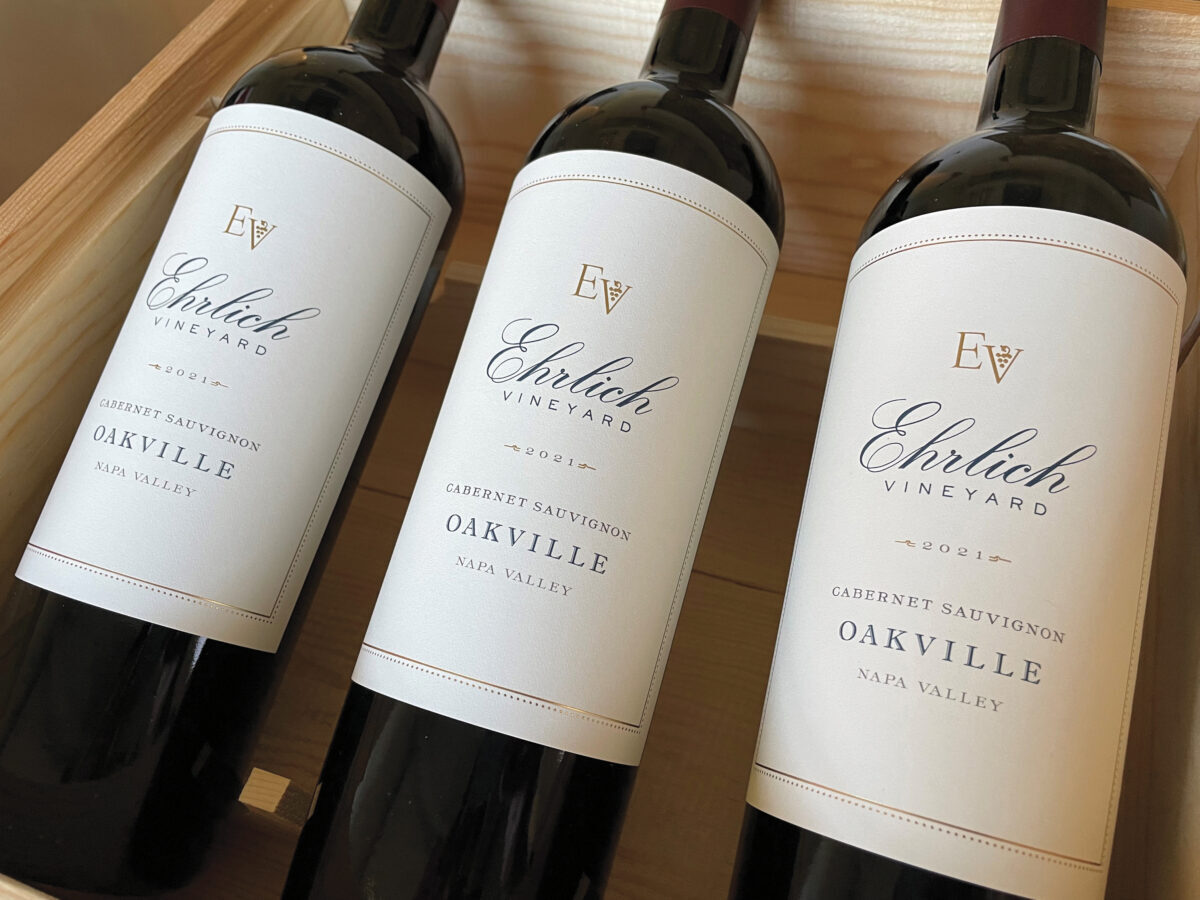 three bottles of Ehrlich Vineyard wine in a wodden box