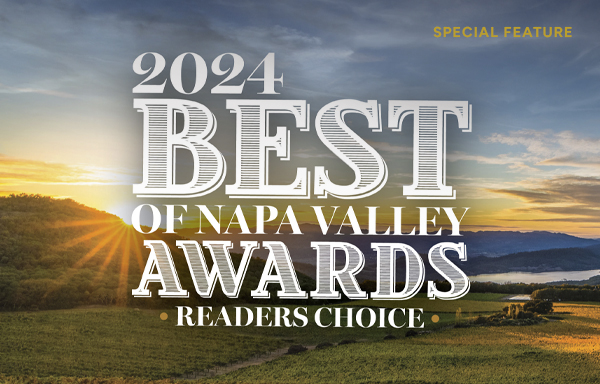 Image of Napa Valley mountains and vineyards at sunrise with "Best Of Napa Valley Readers Choice Awards" logo placed on top