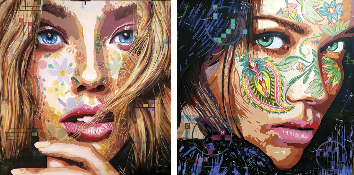 two paintings of women's faces with brightly covered paint
