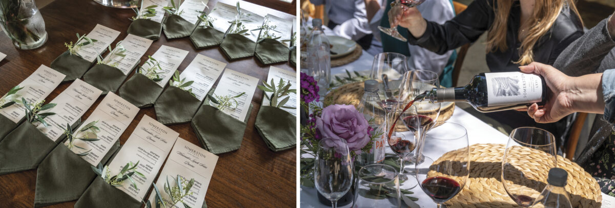 2 photos showing display of paper menus in napkin with greenery, and outdoor table with woman being served wine