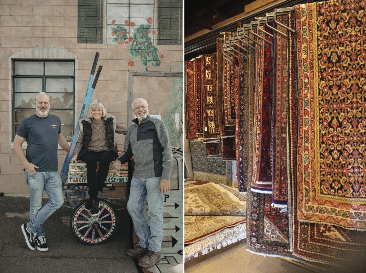 2 photos: the first is 3 adults leaning on wagon outside in front of brick building. second photo is interior photo of several hanging rugs and pile of rugs on concrete floow