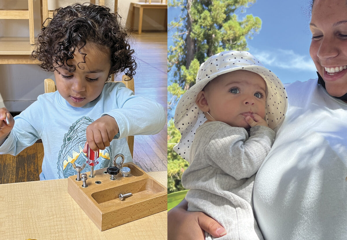 2 photos; Left, toddler playing with wooden tool set on table indoors; Right: adult woman holding baby with sun hat, smiling, outdoors with blue sky