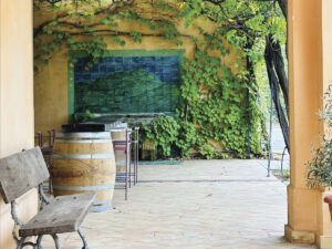 patio at Planeta's Dispensa Estate with columns, wine barrels a bench and vines growing on the wall