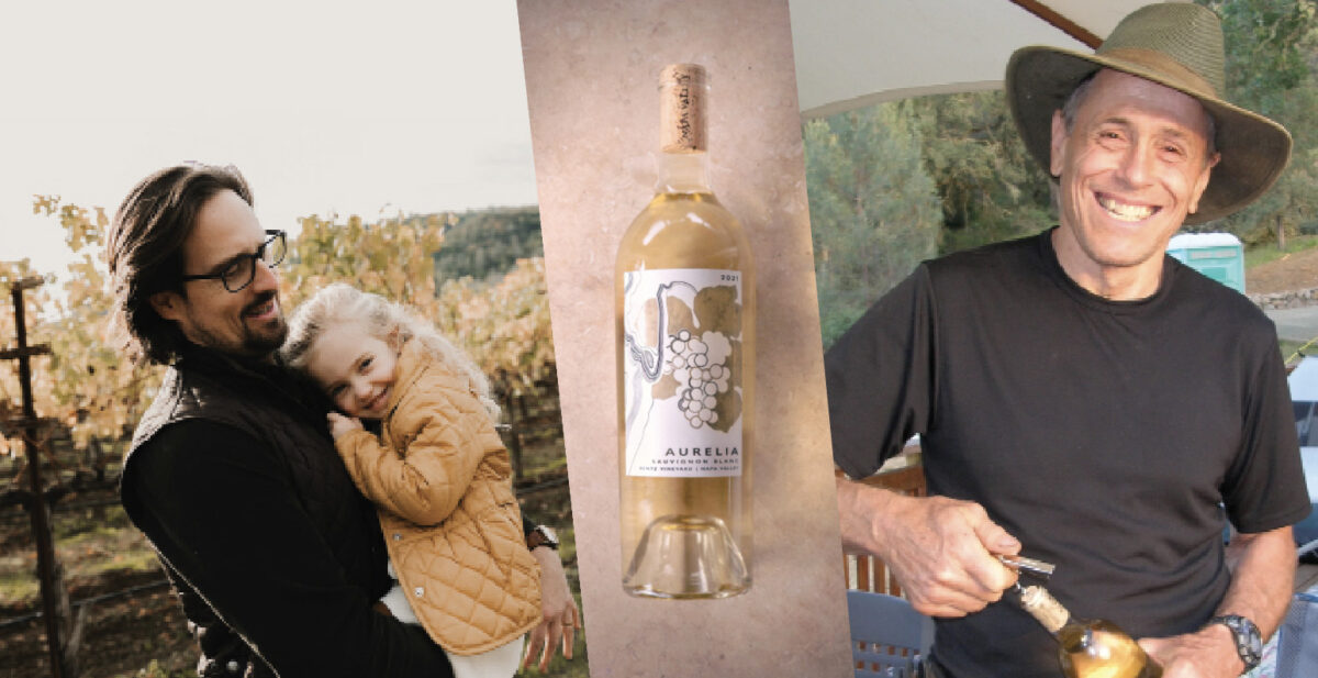 collage of 3 images: Left: Mario Sculatti wearing glasses holding daughter Aurelia; Center:bottle of AURELIA white wine on pink background; Right; Keith Bentz wearing hat, holding glass of white wine, smiling