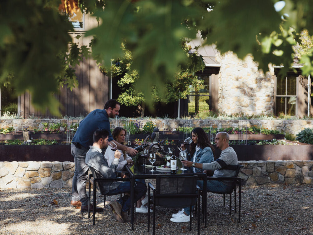 group of adults seated at an outdoor table in shady area having food and wine