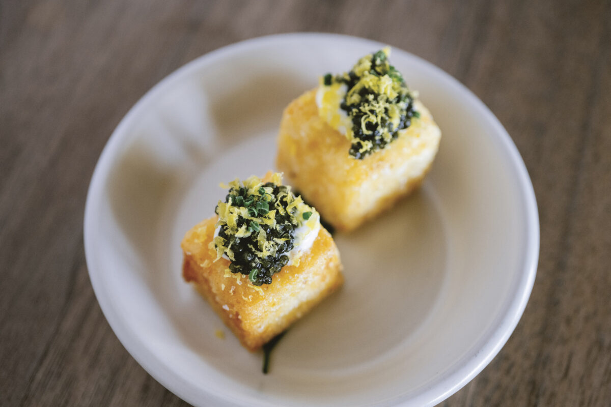 two squares of food on white plate for article Culinary Crossings of Clif Family Winery 