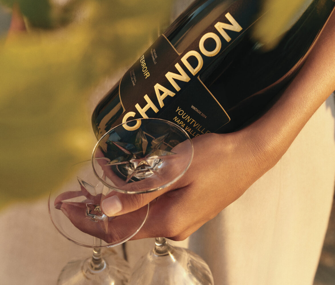 person holding a bottle of CHANDON with 2 glasses 