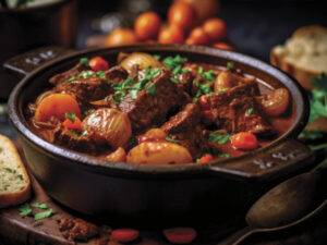 Beef Burgundy served in a cast iron pot with a side of crusty for the article Cooking with Karen Crouse