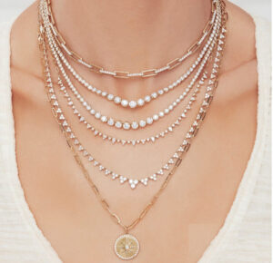 closeup of woman's neck with several necklaces for the article Holiday Gift Guide