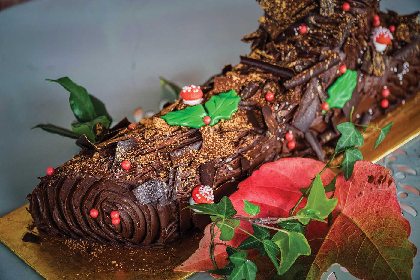 Sweetie Pie's famous Buche du Noel - chocolate log with holly decor