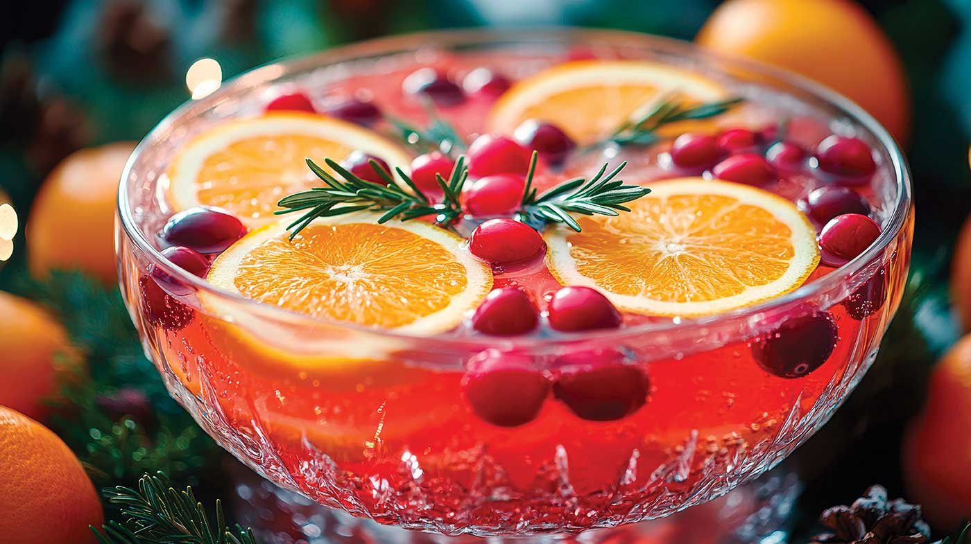 seasonal sipping cocktail in crystal glass with orange slices and cranberries