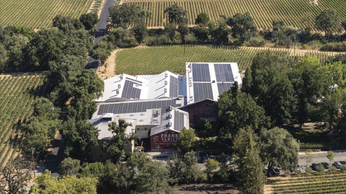 aerial view of Frank Family Vineyards building with solar panels for sustainability