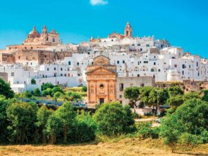 Panoramic view of Ostuni white town, Brindisi, Puglia (Apulia), Italy, Europe. Old Town is Ostuni's citadel. Ostuni is referred to as the White Town. Architecture and landmark of Italy