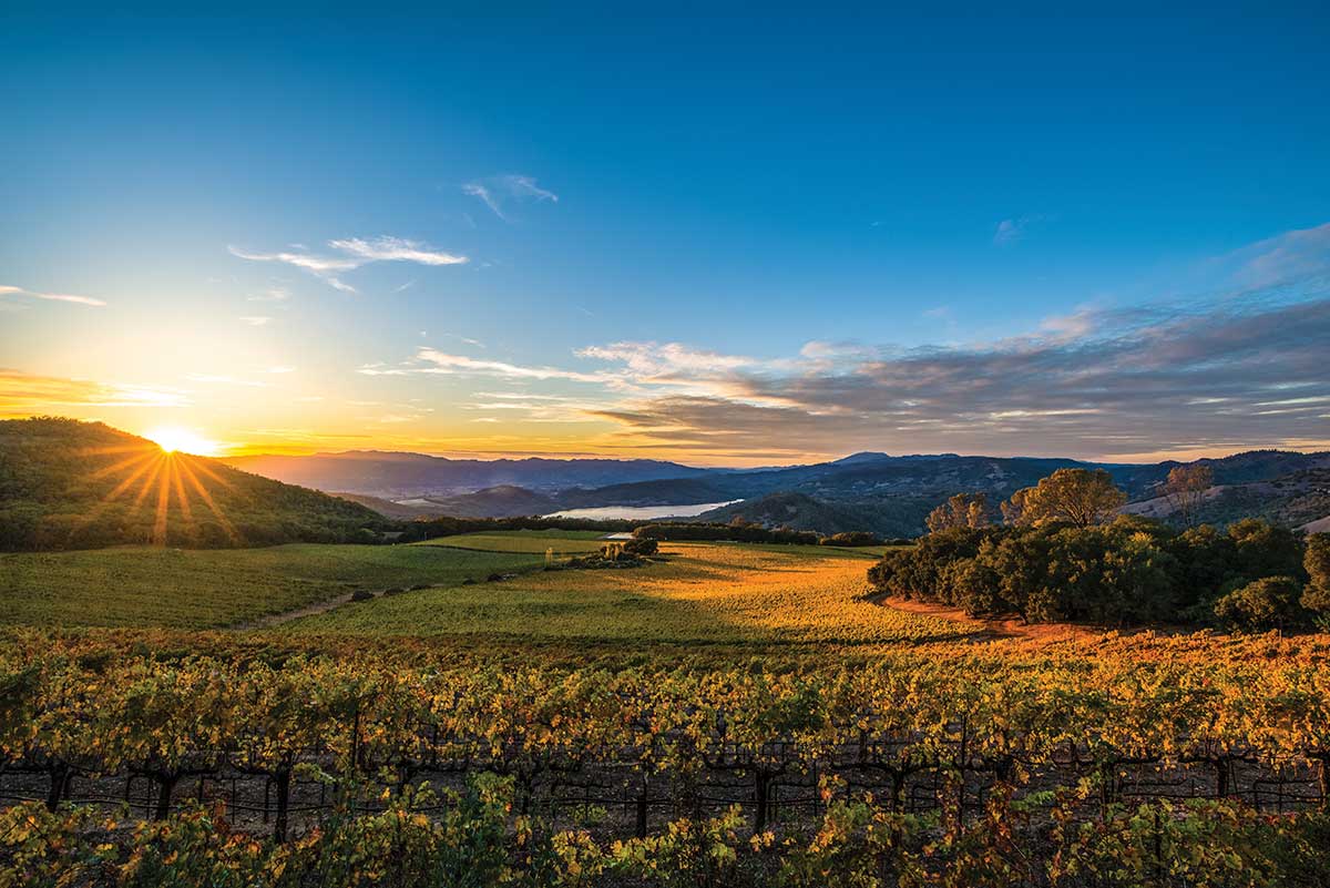 view of Napa Valley with blue sky and sun shining on mountains