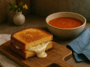 grilled cheese on wood board near bowl of tomato soup and flowers on table