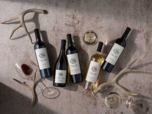 assortment of Stags Leap Winery wine bottles and red and glasses with red and white wine on a concrete table with decorative antlers