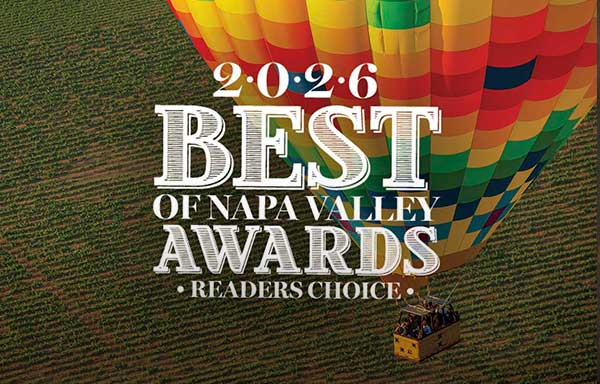 napa valley view with mountains in background with text " 2025 Best Of Napa Valley Awards Readers Choice" on top